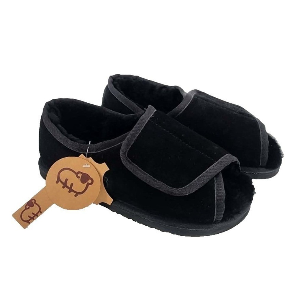 LAMO Footwear Open Toe Slippers Mens Size M (9-10) Black Sheepskin Leather‎ NWT